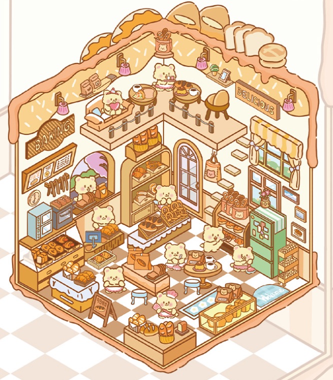 Fully built Tiny Worlds bakery — shelves of bread, tiny bears and furniture placed one sticker at a time