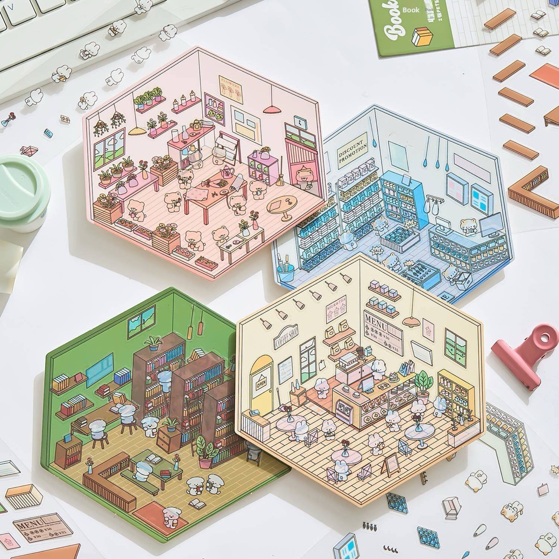 Four finished hexagonal sticker rooms: flower shop, convenience store, bookstore and dessert shop