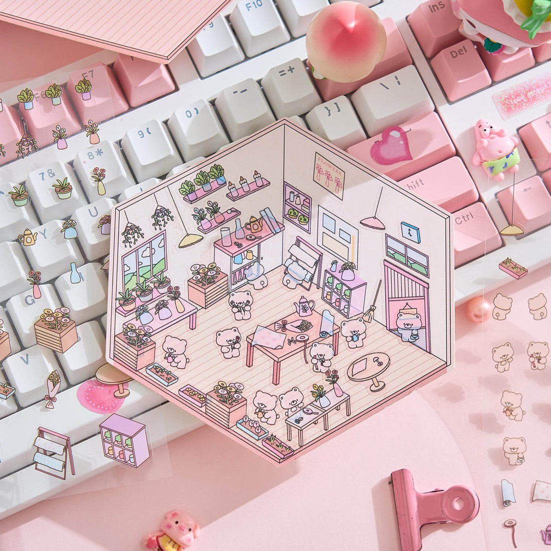Finished flower shop hexagon propped on a pastel keyboard
