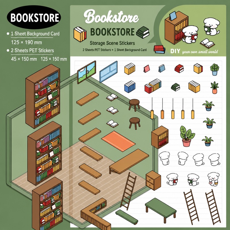Bookstore kit — forest green scene with puppy staff