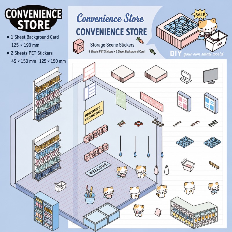 Convenience Store kit — powder blue scene with cat staff