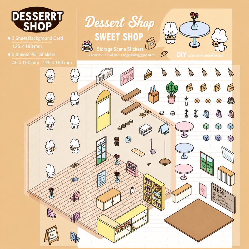 Dessert Shop kit — butter yellow scene with bunny staff