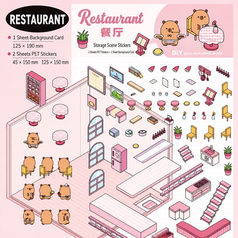 Restaurant kit — soft pink dining scene with capybara staff